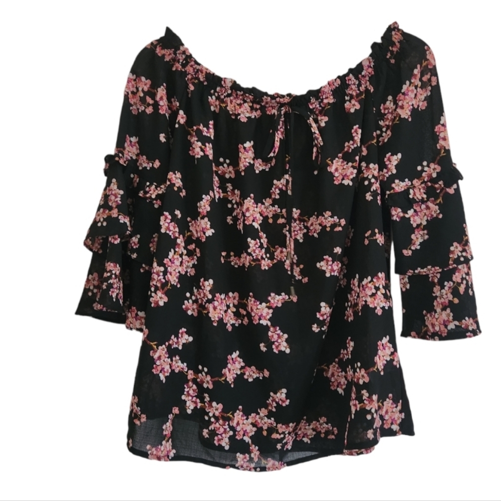 CHERRY BLOSSOM BRANCH PRINT OFF THE SHOULDER BELL SLEEVE TOP NWT SZ XS